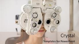  Presentation with exam - Slide deck with visual impairment - woman getting eye exam background and a coral colored foreground