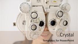  Presentation with visual impairment - Colorful PPT theme enhanced with visual impairment - woman having optometry machine vision backdrop and a coral colored foreground