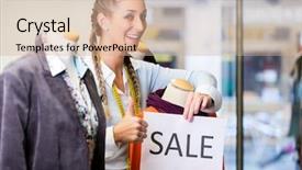  Presentation with promotion - Cool new slide deck with visual merchandising - shopkeeper working at promotion putting backdrop and a coral colored foreground