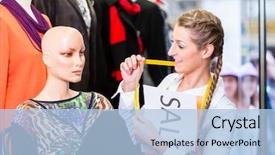  Presentation with promotion - Audience pleasing slide deck consisting of visual merchandising - shopkeeper working at promotion putting backdrop and a light blue colored foreground