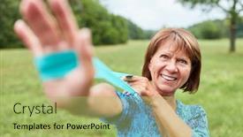  Presentation with stretch - Slide deck having vital senior woman doing physiotherapy with the stretch band in the rehab background and a mint green colored foreground