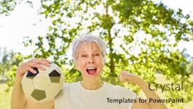 Presentation with soccer - PPT layouts having vital-senior-woman-with-soccer background and a yellow colored foreground