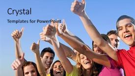  Presentation with group of students raising hands - Theme featuring vital signs - happy group of joyful friends background and a light blue colored foreground