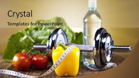  Presentation with dumbell - Presentation design consisting of concept power strength healthy lifestyle - vitamin and fitness diet dumbell background and a coral colored foreground