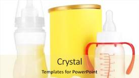  Presentation with food white - Audience pleasing theme consisting of vitamin formula - bottles with milk and food backdrop and a yellow colored foreground