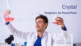  Presentation with product innovation lab - Slide set featuring vitamin formula - young chemist sitting background and a sky blue colored foreground