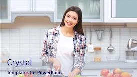  Presentation with cutting tools engineering milling - Colorful presentation theme enhanced with vitamin mushroom - beautiful young woman cutting products backdrop and a sky blue colored foreground