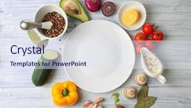  Presentation with food plate starter or entree - Theme enhanced with vitamin mushroom - variety of food products background and a sky blue colored foreground