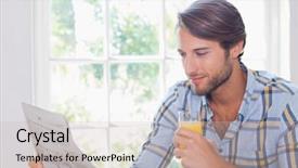  Presentation with gold man smile - Presentation design having vitamin news - casual smiling man having orange background and a soft green colored foreground