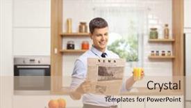  Presentation with orange juice - Theme featuring young man in a kitchen reading a newspaper and holding a glass of orange juice background and a soft green colored foreground
