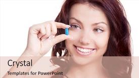  Presentation with blue - Theme consisting of vitamin pills - pretty young woman holding background and a lemonade colored foreground