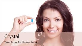  Presentation with medical pill medicine white blue - Slide deck having vitamin pills - pretty young woman holding background and a coral colored foreground