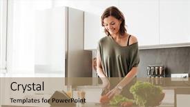  Presentation with vitiligo - Colorful slides enhanced with vitiligo - happy casual middle aged woman backdrop and a coral colored foreground