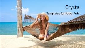  Presentation with island resort - Audience pleasing PPT theme consisting of vivacious beautiful woman wearing backdrop and a light blue colored foreground