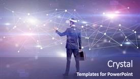  Presentation with businessman standing on mountain top - Theme having vj glasses and checking life background and a ocean colored foreground