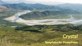 Presentation with river valley - Beautiful presentation theme featuring vjosa river aerial view of the valley from the ruins of byllis albania backdrop and a tawny brown colored foreground