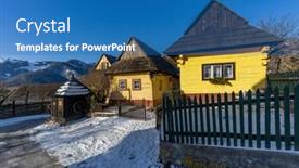  Presentation with unesco - Presentation design with vlkolinec-village-unesco-site background and a teal colored foreground