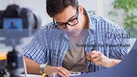  Presentation with computer repair - Audience pleasing PPT theme consisting of vlogger-recording-computer-repair backdrop and a light blue colored foreground