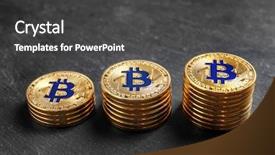  Presentation with bitcoins - Colorful slide set enhanced with vlue gray - golden bitcoins on grey background backdrop and a  colored foreground