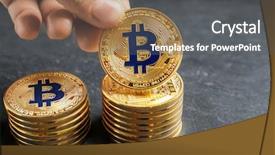  Presentation with bitcoins - Theme enhanced with vlue gray - hand with golden bitcoins background and a  colored foreground