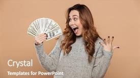  Presentation with bunch - PPT theme having vlue gray - happy exited attractive girl holding background and a coral colored foreground