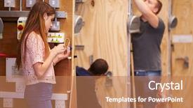  Presentation with electricians - Slide set enhanced with vocational education - students training to be electricians background and a coral colored foreground