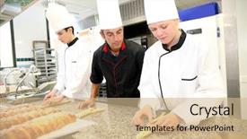  Presentation with awarding for students - PPT theme enhanced with vocational school - baker with students in kitchen background and a soft green colored foreground