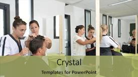  Presentation with learning how to interview - Theme consisting of vocational school - hairdressing student girl learning how background and a  colored foreground