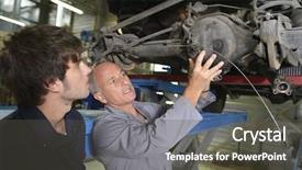  Presentation with mechanics - Slides enhanced with vocational school - mechanics teacher with student background and a dark gray colored foreground