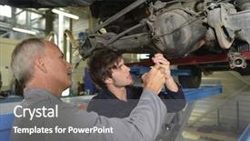  Presentation with vocational school - Beautiful PPT theme featuring vocational school - mechanics teacher with student backdrop and a gray colored foreground