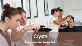  Presentation with learning - Audience pleasing presentation theme consisting of vocational school - student girl in hairdressing learning backdrop and a violet colored foreground