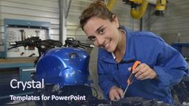  Presentation with vocational school - Cool new presentation theme with vocational school - student girl in motorbike mechanics backdrop and a ocean colored foreground
