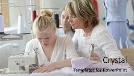  Presentation with med student in class - Slide deck with vocational school - student with teacher in dressmaking background and a  colored foreground