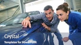  Presentation with teacher and student - Slide deck consisting of vocational school - student with teacher looking background and a ocean colored foreground