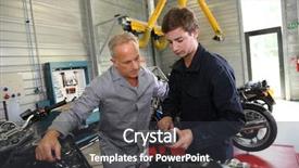  Presentation with mechanics - Slides consisting of vocational school - teacher with students in mechanics background and a dark gray colored foreground