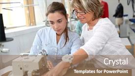  Presentation with class - PPT layouts having vocational school - woman in dressmaking class helping background and a coral colored foreground