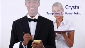  Presentation with latino - Colorful slides enhanced with vocational school - young latino well dressed waiter backdrop and a sky blue colored foreground