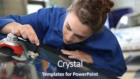  Presentation with vocational school - Presentation theme having vocational school - young student in bodywork changing background and a navy blue colored foreground