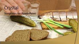  Presentation with vodka - Theme with vodka herring pickles black bread background and a coral colored foreground