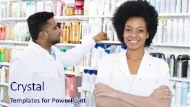  Presentation with pharmacist - Colorful theme enhanced with voeux - pharmacist standing arms crossed while backdrop and a sky blue colored foreground