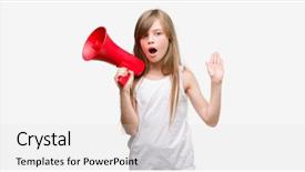  Presentation with blonde holding magnifying glass - Presentation consisting of voice box - young blonde toddler holding megaphone background and a light gray colored foreground