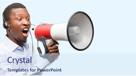  Presentation with call center agent reporting - PPT layouts enhanced with voice customer - black man consultant of call background and a sky blue colored foreground