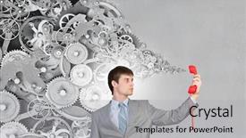  Presentation with phone - Slide deck with voice customer - determined businessman talking on red background and a  colored foreground