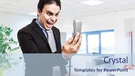  Presentation with voice customer - Beautiful slides featuring voice customer - portrait of an angry businessman backdrop and a sky blue colored foreground