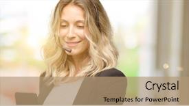  Presentation with call center - Amazing PPT theme having voice customer - young woman operator from call backdrop and a coral colored foreground