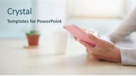  Presentation with mobile home - Presentation theme having uservoice - woman use of mobile phone background and a sky blue colored foreground