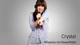  Presentation with elderly people singing - Beautiful slide deck featuring voice signal - girl with headset singing backdrop and a  colored foreground