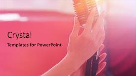  Presentation with microphone - PPT layouts featuring voice tone - female hands holding retro microphone background and a coral colored foreground