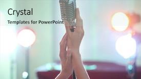  Presentation with hands holding - PPT layouts featuring voice tone - female hands holding retro microphone background and a soft green colored foreground
