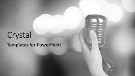  Presentation with microphone - Audience pleasing PPT layouts consisting of voice tone - retro microphone in female hand backdrop and a  colored foreground